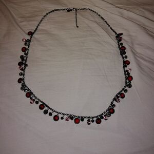 White House Black Market Red and Silver Necklace 36" Silvertone With Gray Accent
